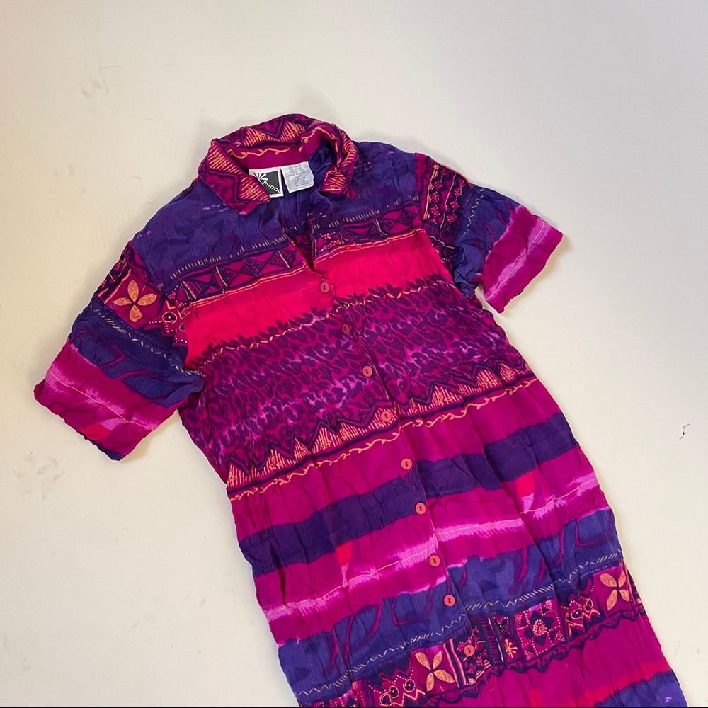 Y2K 90s Phool Magenta Tropical Short Sleeve Floral Maxi Dress size M button down - Picture 2 of 6